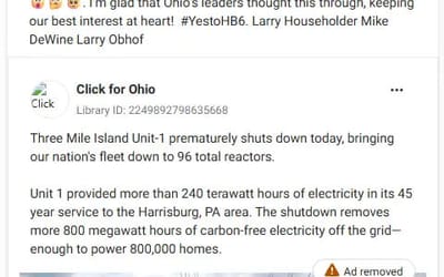 Meta Ad Library entry: Click for Ohio sponsored post endorsing HB 6, September 2019