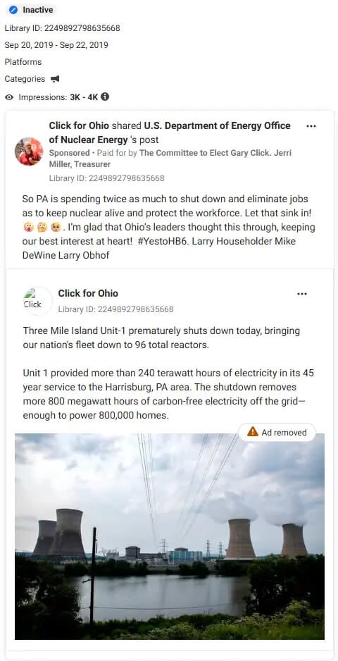 Full Meta Ad Library screenshot: inactive ad by Click for Ohio, Library ID 2249892798635668, September 20–22, 2019