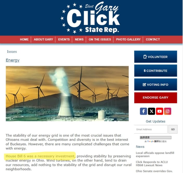 Full screenshot of garyclick.com Issues page Energy section with HB 6 quote highlighted